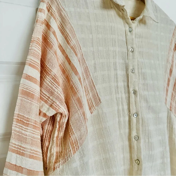 FREE PEOPLE | Orange Cream Ivory Mixed Fabric Shirt Button Down Shacket | Small - Picture 2 of 7